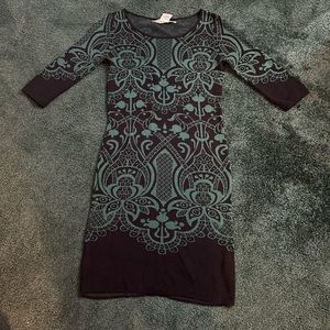 Max Studio Light Sweater Mini Dress, Green and Black Pattern, Sz Small